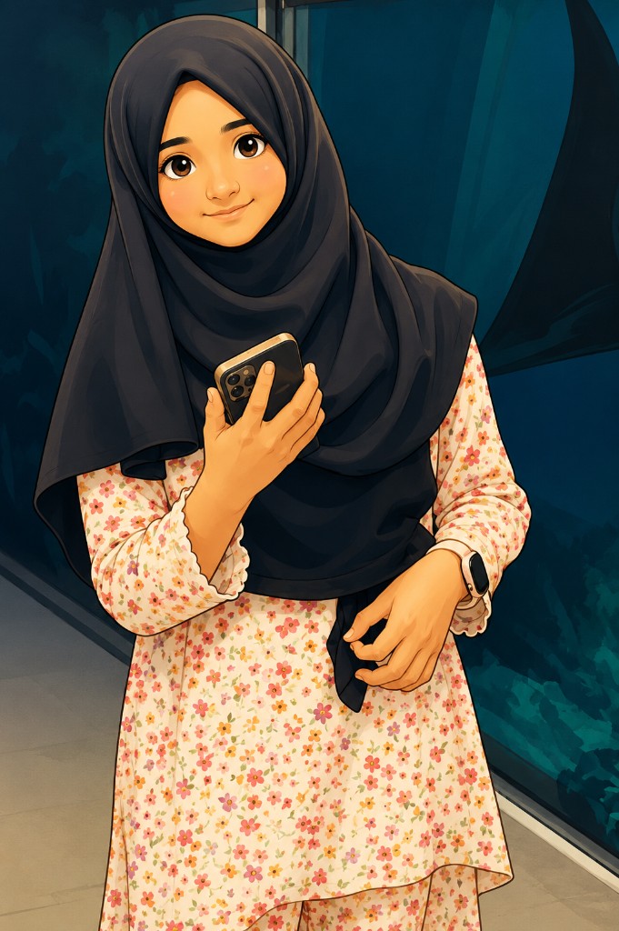 Maliha smiling in a floral dress and black hijab